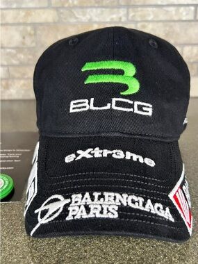 Balenciaga Black Baseball Cap with Green Accent and White Embroidery